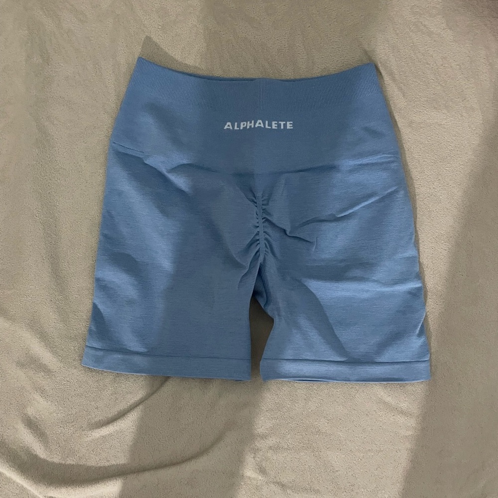 Alphalete amplify shorts in washed denim